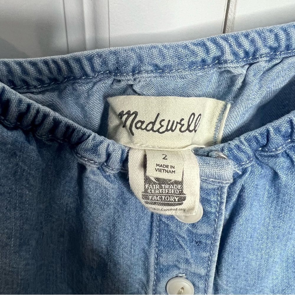 Madewell Chambray Denim Mini Dress Size 2 Puff Sleeve Button Front Cottagecore - Picture 3 of 5